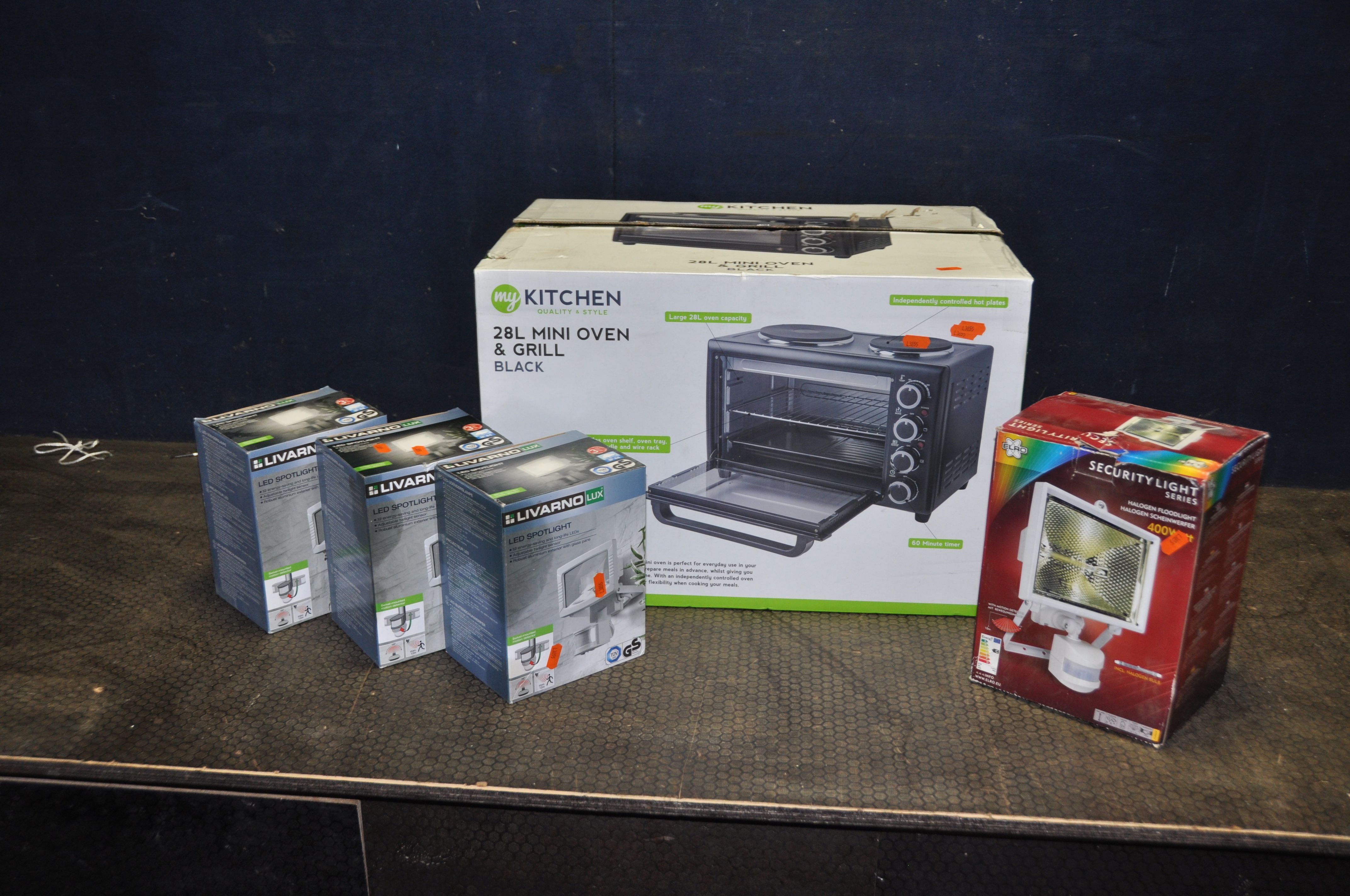 A 'MY KITCHEN' MINI OVEN GRILL brand and still packaged in box, three LED spotlights with PIR and