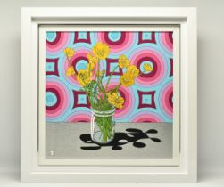 DYLAN IZAAK (BRITISH CONTEMPORARY) 'FLOWERS AND WALLPAPER', a bunch of yellow flowers in a glass