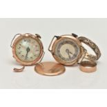 TWO MID 20TH CENTURY 9CT GOLD WATCH HEADS AND A RING, the first manual wind, round mother of pearl