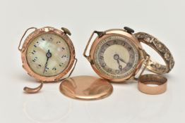 TWO MID 20TH CENTURY 9CT GOLD WATCH HEADS AND A RING, the first manual wind, round mother of pearl