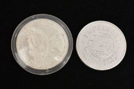 TWO .999 FINE SILVER TROY OUNCE COINS, two 'The American Prospector, U.S.A 1985', Engelhard One Troy