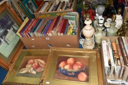 FOUR BOXES AND LOOSE ASSORTED SUNDRY ITEMS ETC, to include four onyx table lamps, two brass coloured