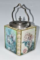 A CARLTONS FANTASIA WARE BISCUIT BARREL, 'Flower fairies' design square form, height 21cm to top