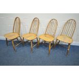 A SET OF FOUR ERCOL STYLE ELM AND BEECH QUAKER BACK CHAIRS, model 365 (condition report: all in need