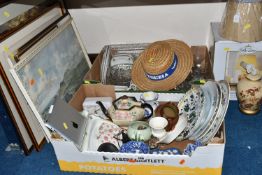 TWO BOXES OF CERAMICS, FRAMED WATERCOLOURS, PRINTS AND GLASSWARE, to include an Apple iPad 16GB,