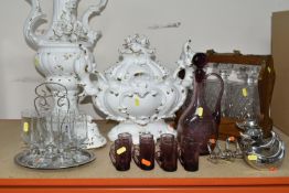 A GROUP OF GLASSWARE AND CERAMICS, to include a set of six sherry glasses with a silverplated stand,
