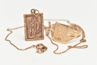 A 9CT GOLD SIGNET RING AND A 9CT GOLD NECKLACE, a rectangular form signet with monogram engraving,