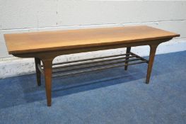 A MID CENTURY TEAK RECTANGULAR COFFEE TABLE, on tapered legs, united by a slatted undershelf, length