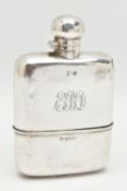 A GEORGE V SILVER HIP FLASK, polished design with engraved monogram, removable cup to the base