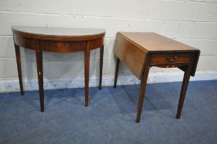 A 19TH CENTURY MAHOGANY DROP LEAF PEMBROKE TABLE, with a single drawer and single dummy drawer, on