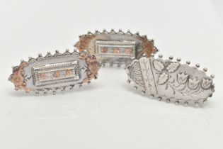 THREE LATE VICTORIAN SILVER SWEETHEART BROOCHES, each of an oval form, applied bead work surround,