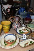 A GROUP OF MID-CENTURY POTTERY VASES AND ORNAMENTS, comprising a Jersey Pottery posy ring, a blue