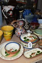 A GROUP OF MID-CENTURY POTTERY VASES AND ORNAMENTS, comprising a Jersey Pottery posy ring, a blue