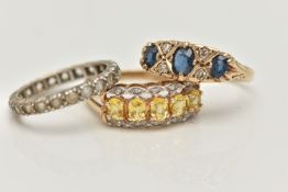 THREE GEMSET RINGS, the first three oval cut sapphires with single cut diamond accents, prong set in