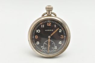 A MILITARY 'MOERIS' OPEN FACE POCKET WATCH, manual wind, round black dial signed 'Moeris', Arabic