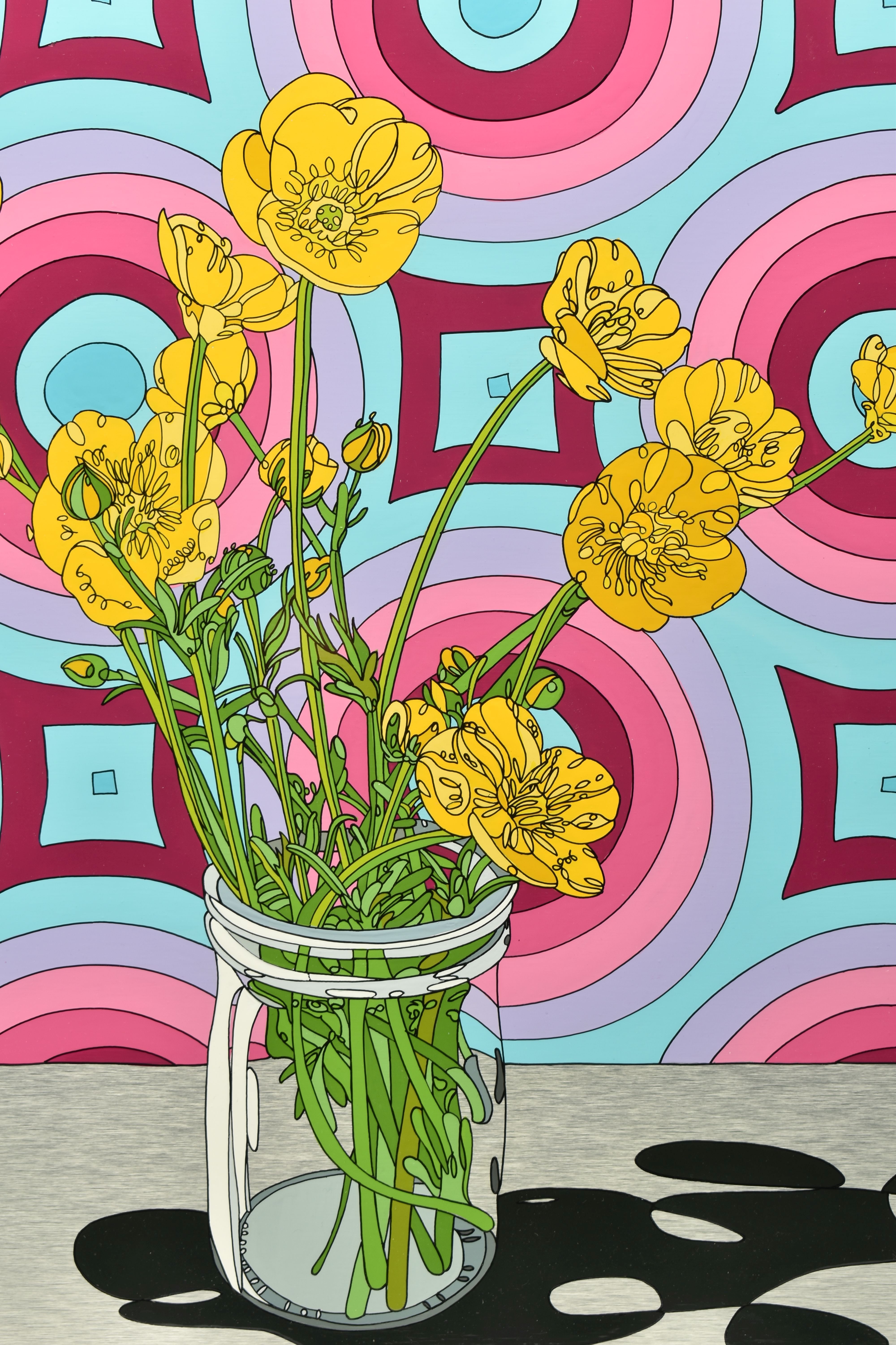 DYLAN IZAAK (BRITISH CONTEMPORARY) 'FLOWERS AND WALLPAPER', a bunch of yellow flowers in a glass - Image 3 of 12