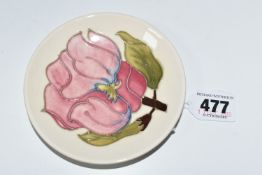 A MOORCROFT POTTERY MAGNOLIA TRINKET DISH, tube lined in pink Magnolia pattern on a cream ground,