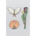 A 'DAVID ANDERSEN' BROOCH AND TWO ADDITIONAL BROOCHES, a double leaf brooch with white enamel