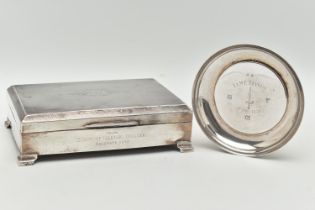A SILVER CIGARETTE BOX AND ASHTRAY, rectangular engine turned pattern cigarette box with engraved