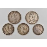A SMALL SELECTION OF SILVER COINS, to include two Victorian Double Florins, one dated 1887 the