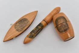 THREE MAUCHLIN WARE SEWING ITEMS, to include a thimble holder with silver thimble hallmarked '