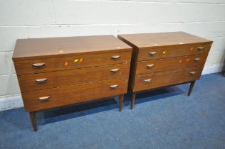 A PAIR OF WRIGHTON MID CENTURY TEAK CHEST OF THREE LONG DRAWERS, on cylindrical tapered legs, length