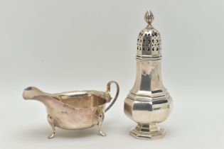 AN ELIZABETH II SILVER SAUCE BOAT AND A GEORGE V SUGAR CASTER, the polished sauce boat with wavy