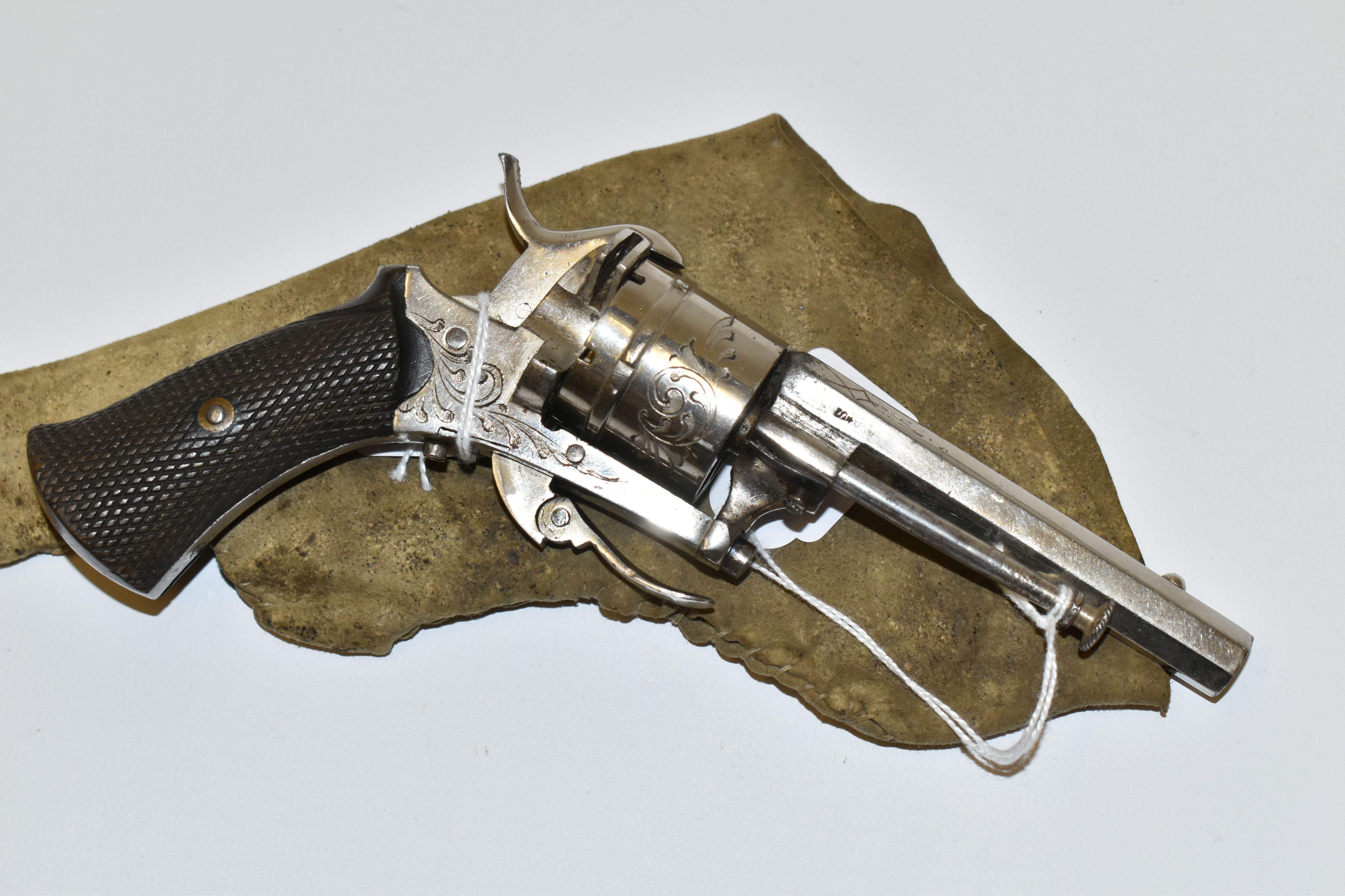 AN ANTIQUE NICKEL PLATED 7MM PINFIRE REVOLVER, bearing Belgian proof marks fitted with a 3 6/8'' - Image 3 of 8