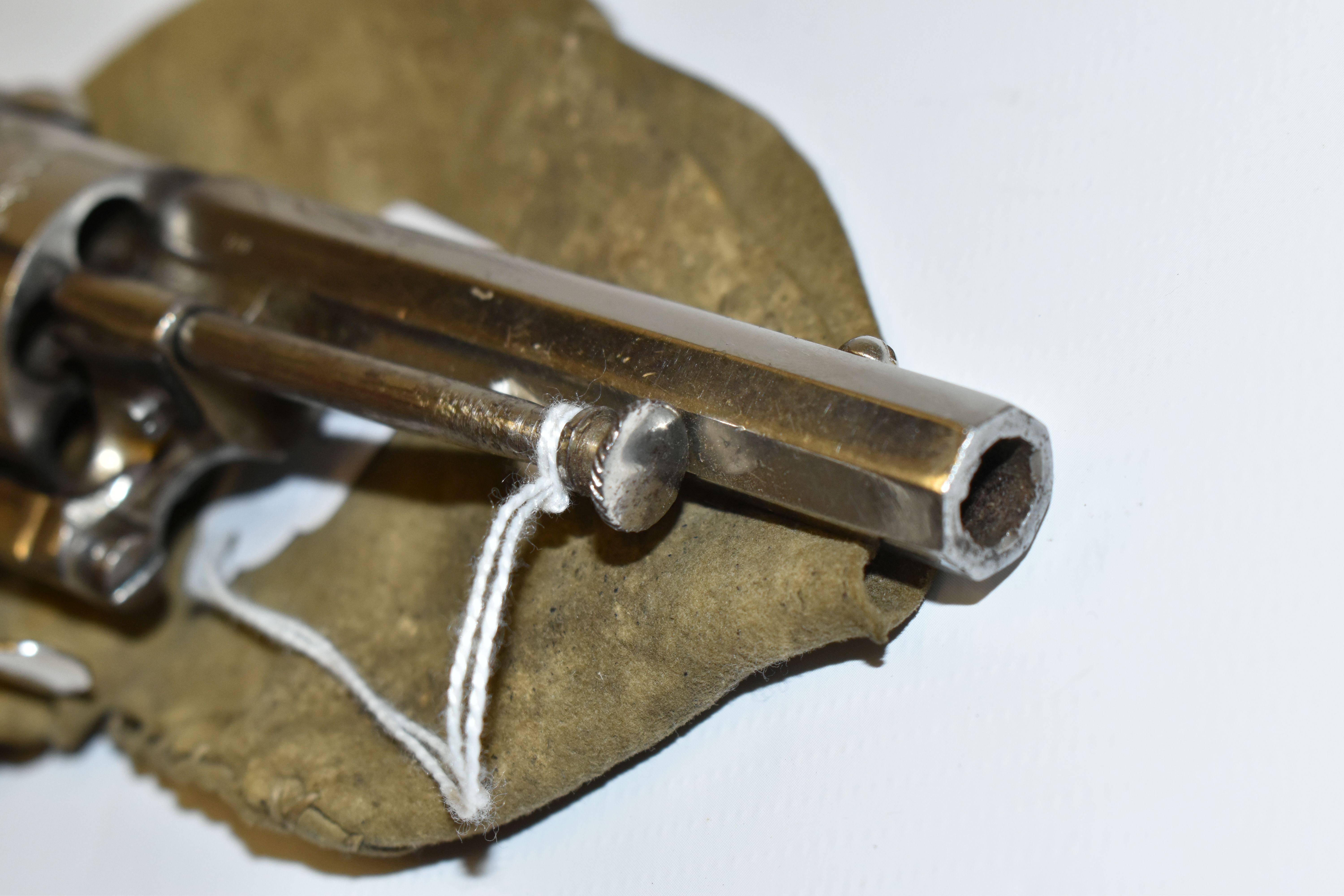 AN ANTIQUE NICKEL PLATED 7MM PINFIRE REVOLVER, bearing Belgian proof marks fitted with a 3 6/8'' - Image 4 of 8