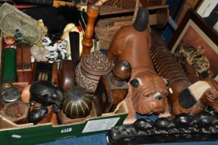 A BOX AND LOOSE WOODEN ORNAMENTS AND PICTURE ETC, to include a carved wooden bulldog approximate