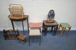 A SELECTION OF OCCASIONAL FURNITURE, to include a mahogany demi lune side table, a mahogany nest