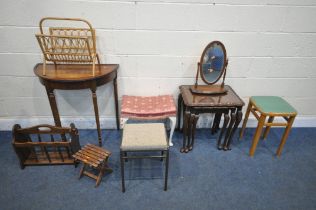 A SELECTION OF OCCASIONAL FURNITURE, to include a mahogany demi lune side table, a mahogany nest