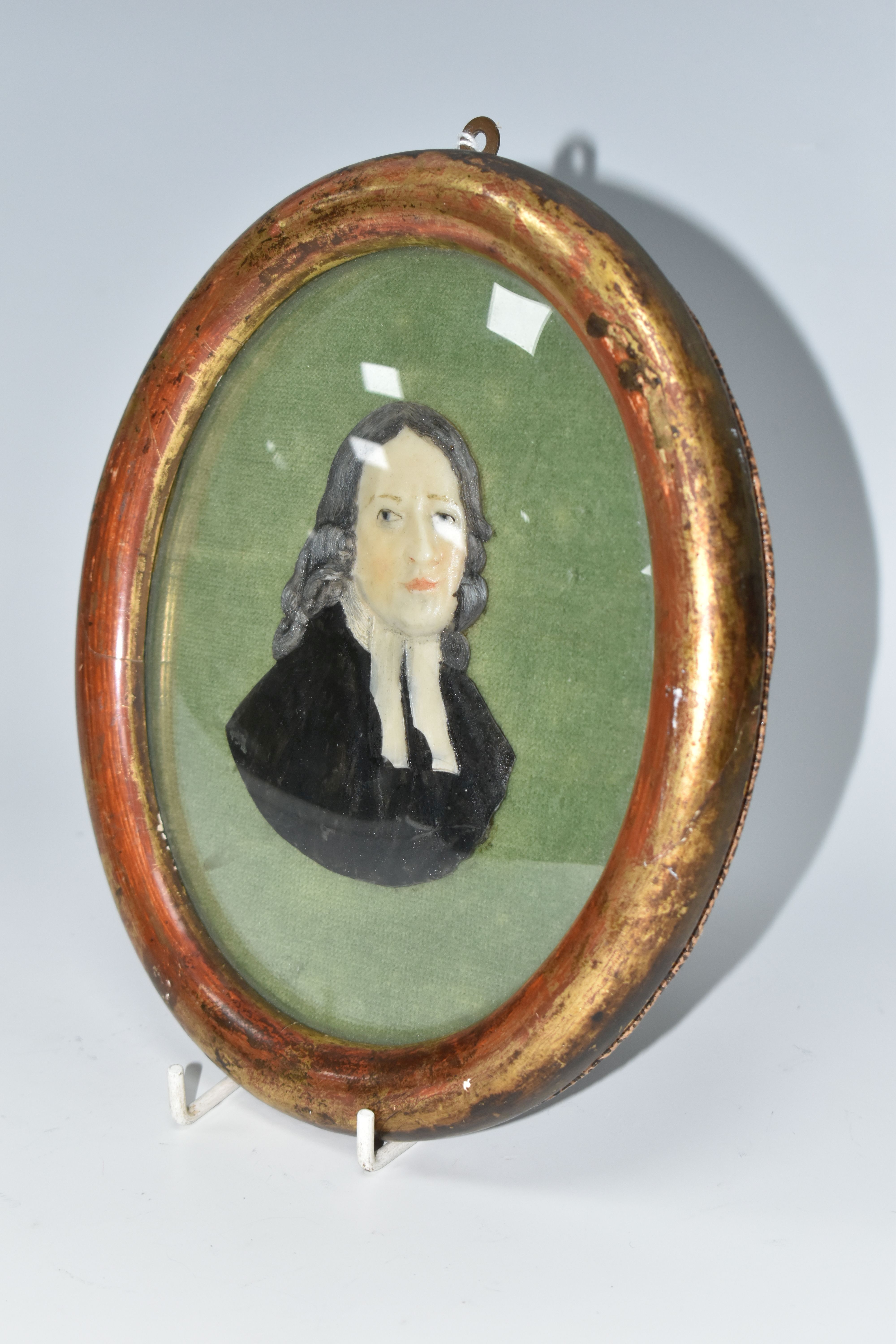 A MOULDED WAX PORTRAIT BUST OF REV. JOHN WESLEY, mounted on green velvet and in an oval gilt - Image 2 of 5