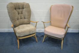 TWO ERCOL BEECH EVERGREEN CHAIRS, one with light brown upholstery, the other with pink upholstery,