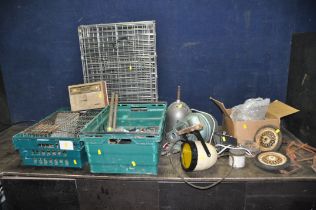 TWO TRAYS AND A BOX CONTAINING COLLECTABLES including pedal car wheels and parts, vintage