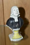 AN EARLY 19TH CENTURY STAFFORDSHIRE PEARLWARE BUST OF REV. JOHN WESLEY RAISED ON A SOCLE STYLE BASE,
