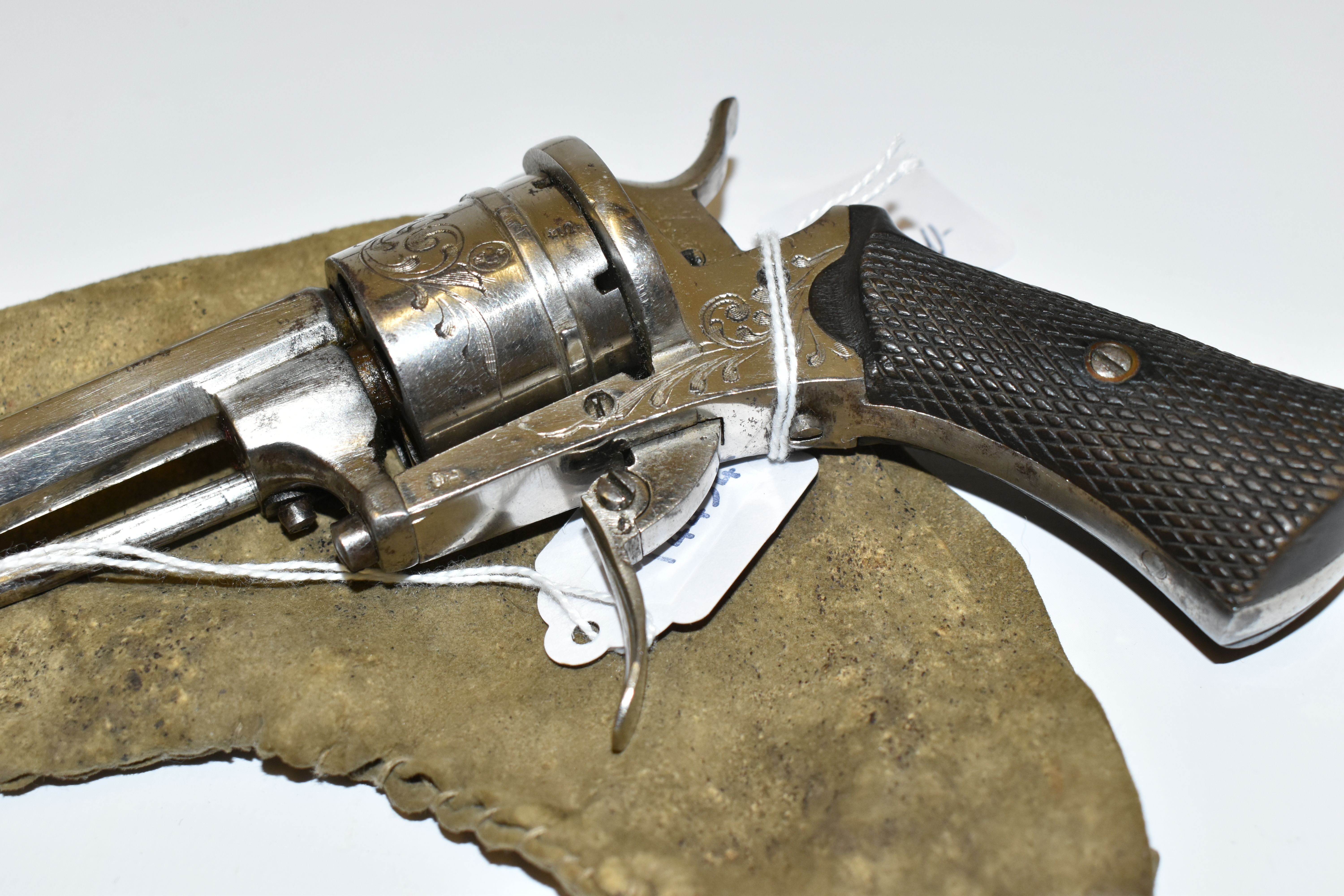 AN ANTIQUE NICKEL PLATED 7MM PINFIRE REVOLVER, bearing Belgian proof marks fitted with a 3 6/8'' - Image 7 of 8