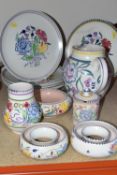 A GROUP OF MID-CENTURY POOLE POTTERY 'TRADITIONAL WARE' DESIGN, comprising two posy rings, vase,