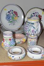 A GROUP OF MID-CENTURY POOLE POTTERY 'TRADITIONAL WARE' DESIGN, comprising two posy rings, vase,