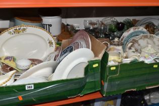 FIVE BOXES OF CERAMICS AND GLASSWARE, to include Myott floral dinnerware, kitchen cannisters, tea