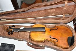 A LATE 19TH / EARLY 20TH CENTURY VIOLIN IN NEED OF RESTORATION, two piece back, no labels to the