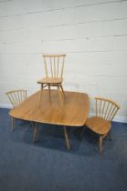 AN ERCOL ELM AND BEECH DROP LEAF DINING TABLE, on square tapered legs, open length 125cm x closed