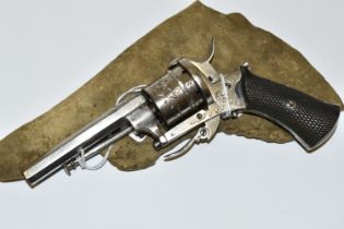 AN ANTIQUE NICKEL PLATED 7MM PINFIRE REVOLVER, bearing Belgian proof marks fitted with a 3 6/8''