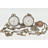 TWO OPEN FACE POCKET WATCHES AND ALBERT CHAINS, the first a silver, key wound pocket watch, round