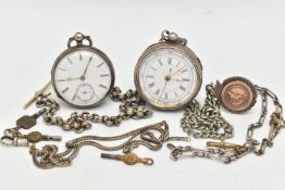 TWO OPEN FACE POCKET WATCHES AND ALBERT CHAINS, the first a silver, key wound pocket watch, round