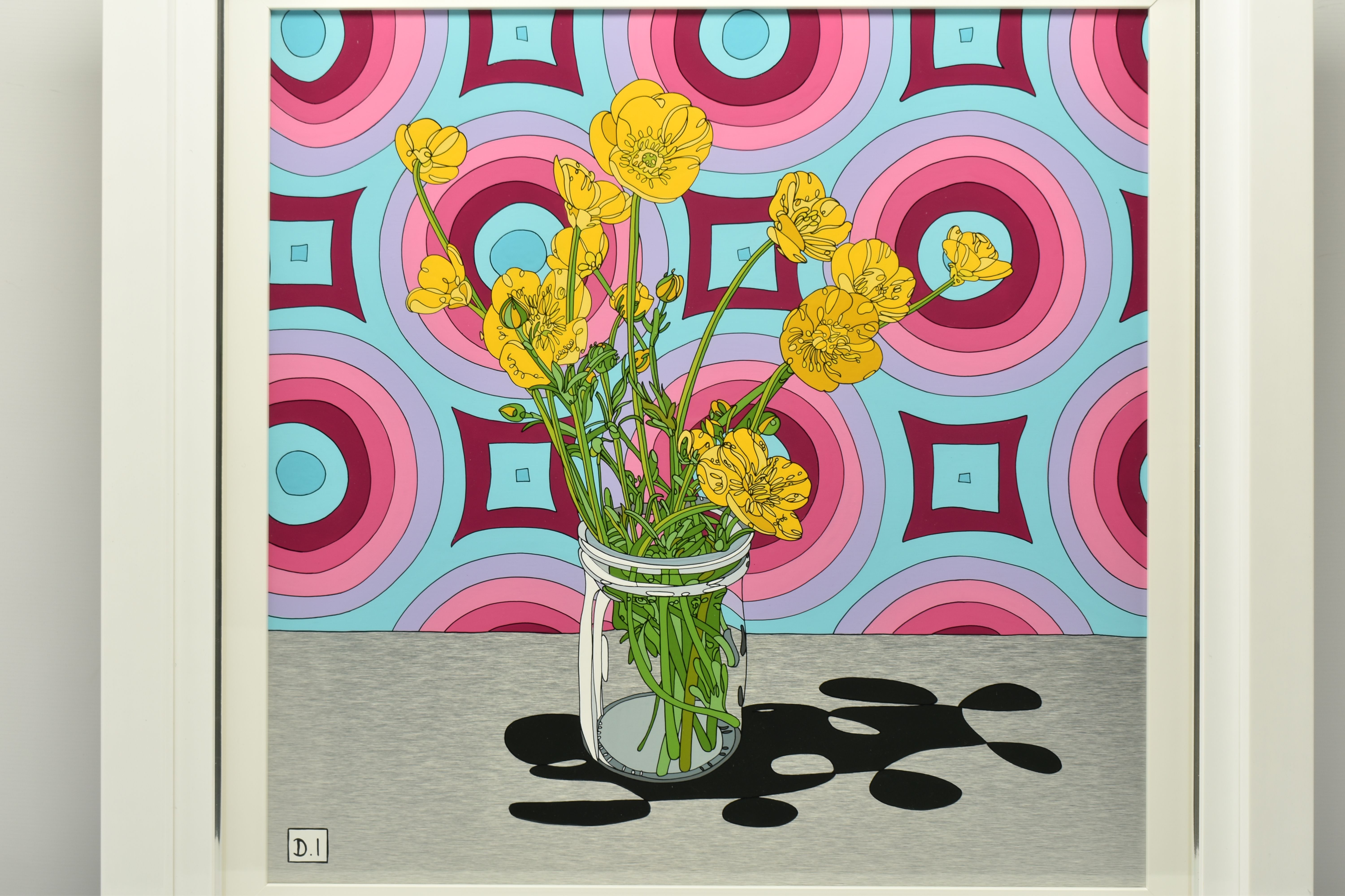 DYLAN IZAAK (BRITISH CONTEMPORARY) 'FLOWERS AND WALLPAPER', a bunch of yellow flowers in a glass - Image 2 of 12