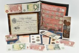 A LARGE CARDBOARD BOX CONTAINING COINS, COIN ALBUM, BANKNOTES COMMEMORATIVES, to include a Bank of