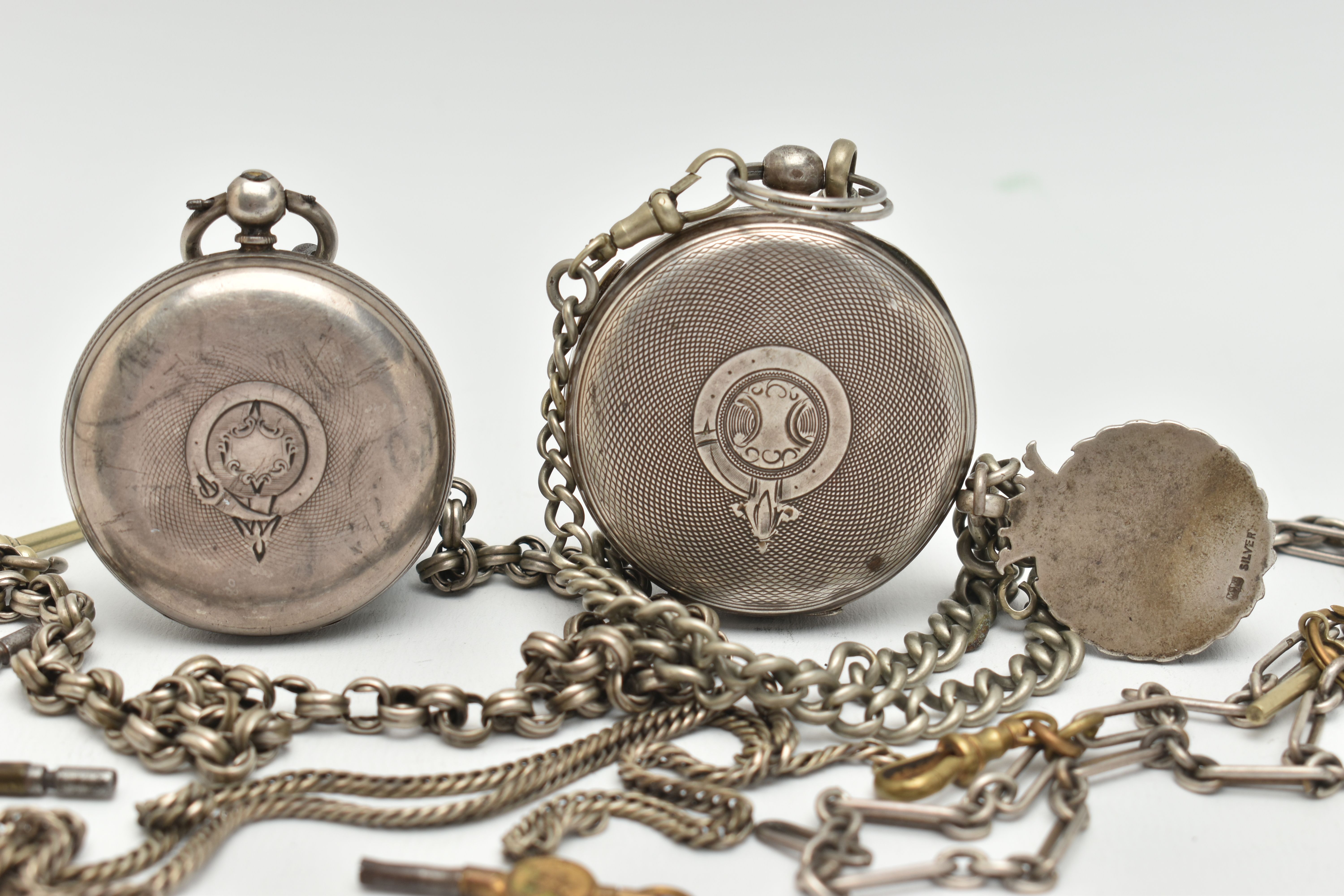 TWO OPEN FACE POCKET WATCHES AND ALBERT CHAINS, the first a silver, key wound pocket watch, round - Image 4 of 6