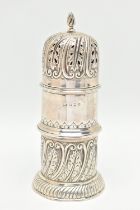 A LATE VICTORIAN SILVER SUGAR CASTER, cylindrical form with embossed foliate and scroll pattern,