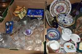 TWO BOXES OF CERAMICS AND GLASS WARES, to include an Amherst Japan footed bowl (hairlines to